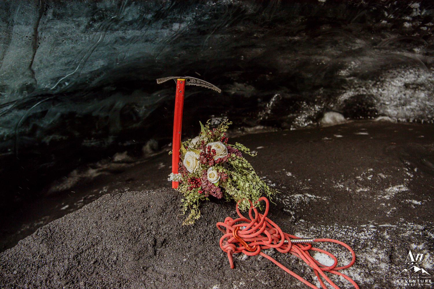 Iceland Wedding Bouquet with Ice Climbing Gear