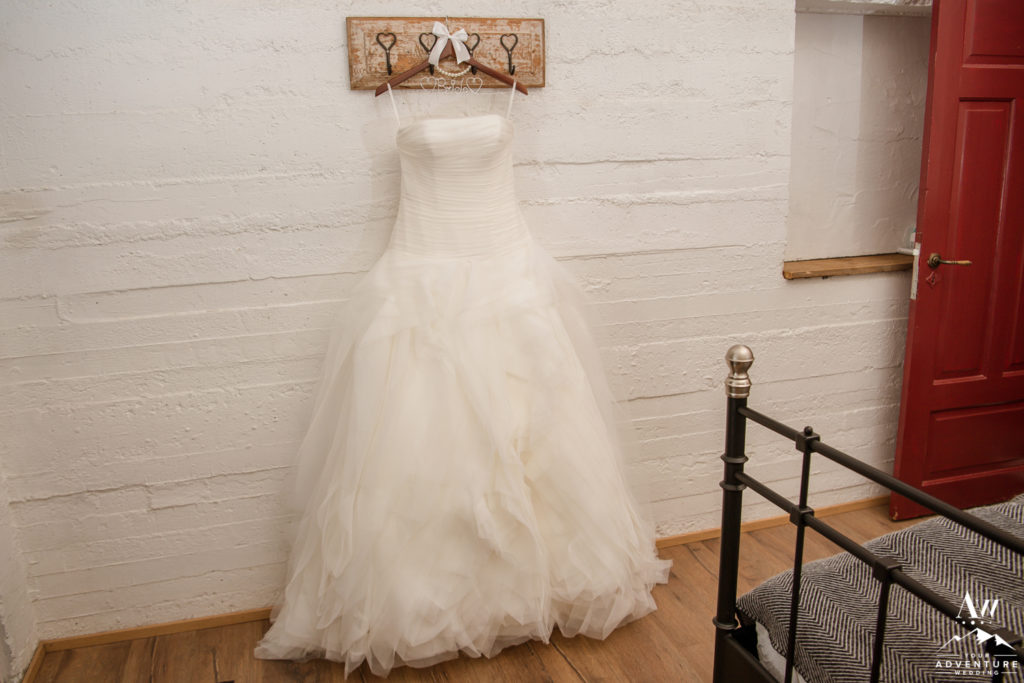 Iceland Wedding Dress hanging at Hrifunes Guesthouse