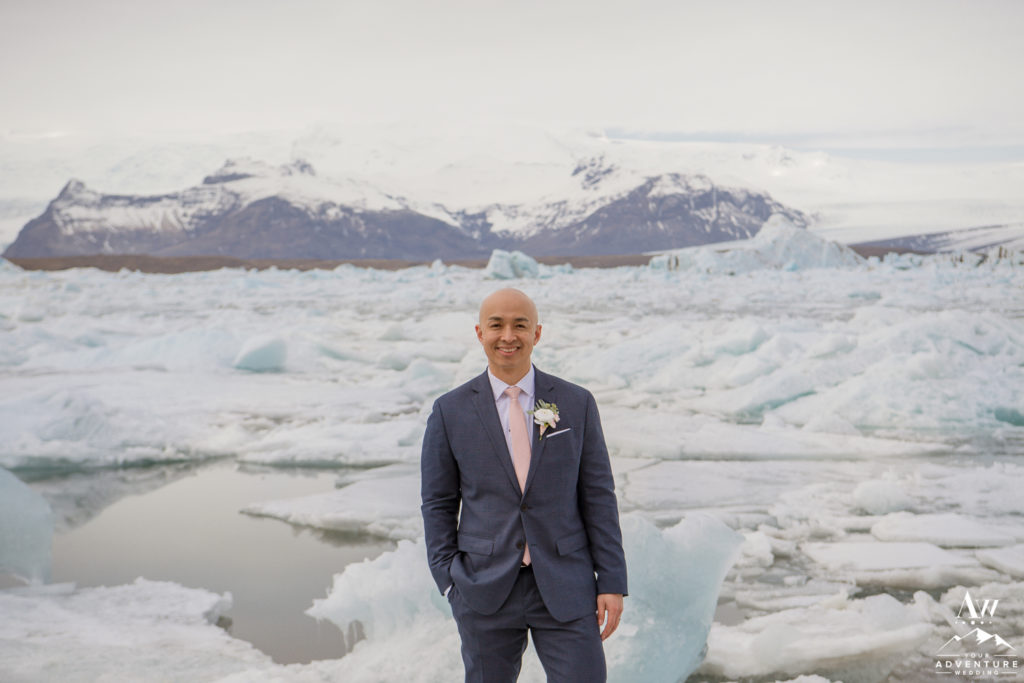 Closeup of groom at glacier lagoon in Iceland