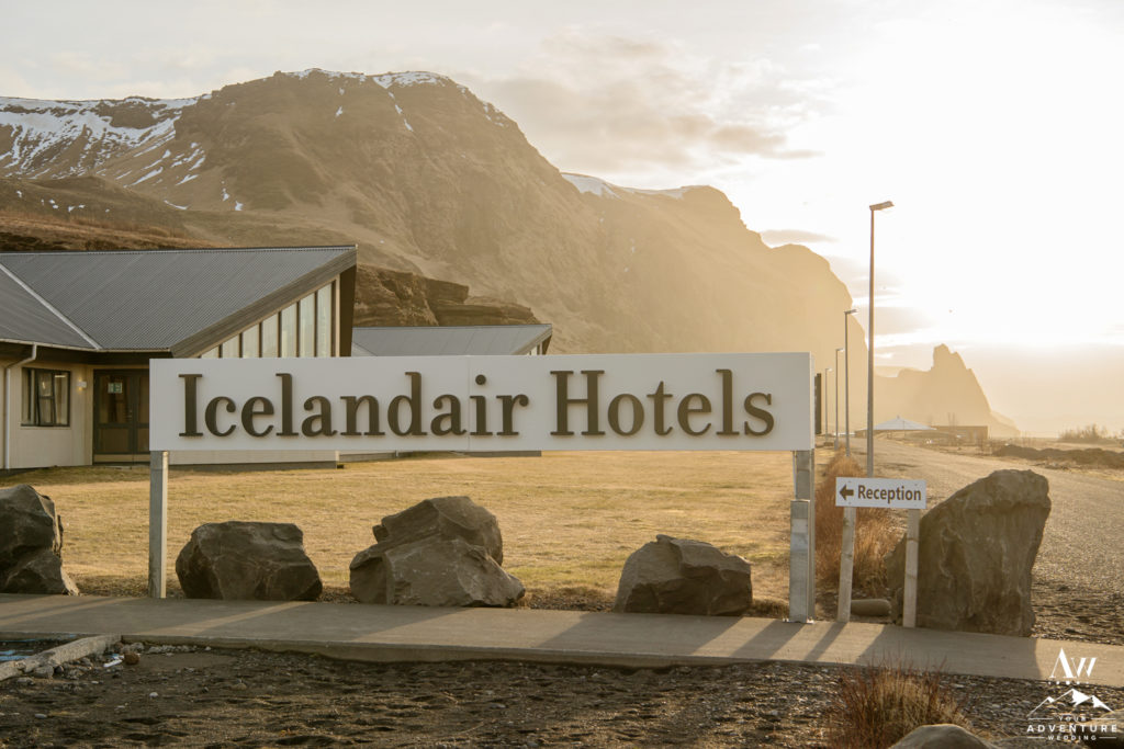 Icelandair Vik entrance sign at Sunrise of Elopement Adventure