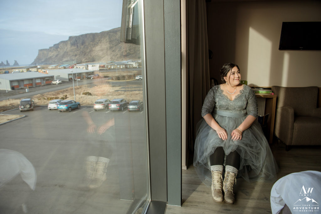 Bride getting ready for her adventurous elopement in Iceland