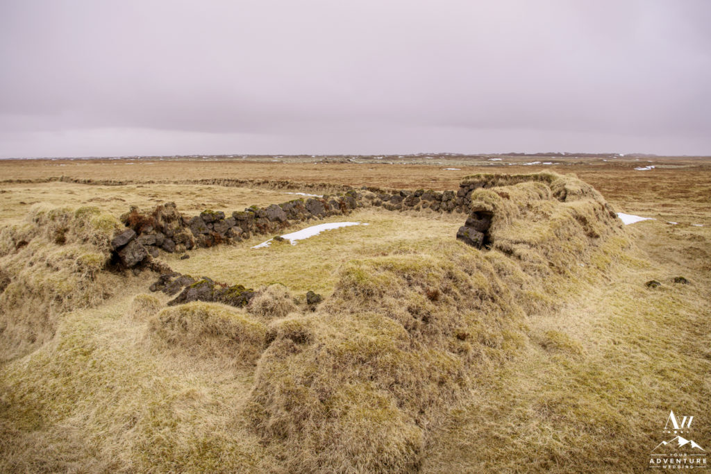 Old farm ruins during April Wedding in Iceland