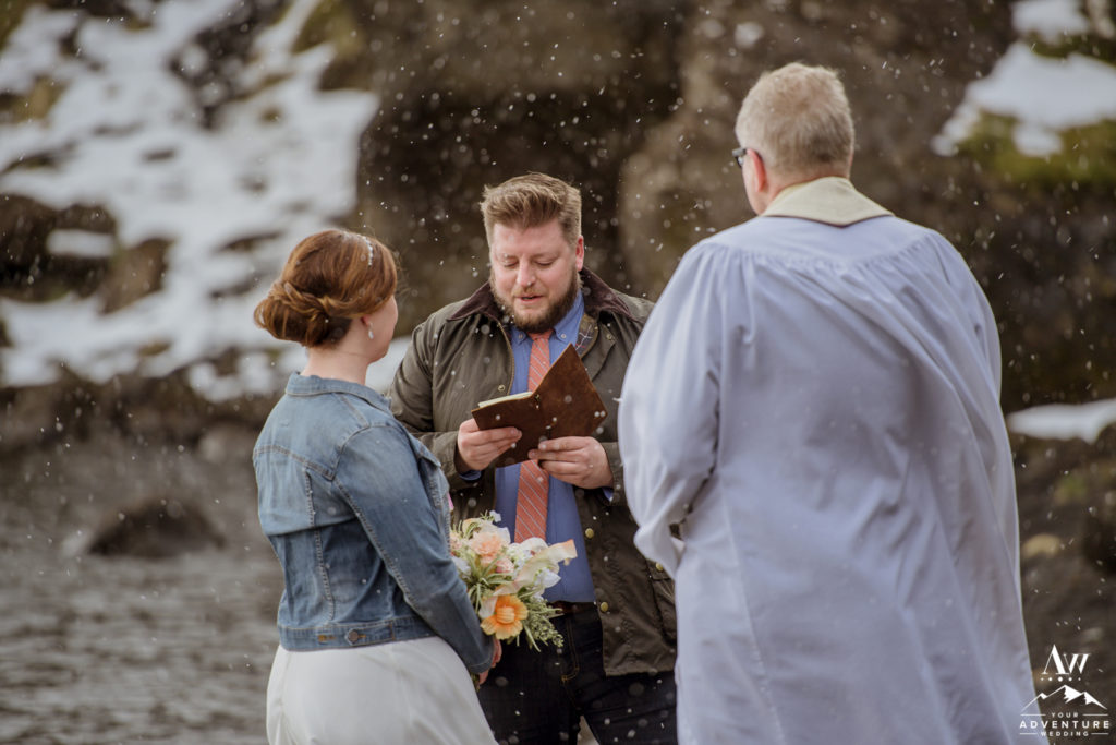 Groom saying his vows during Iceland adventure wedding
