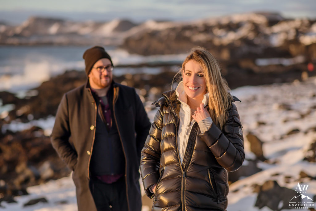 Iceland Engagement Couple on private black sand beach