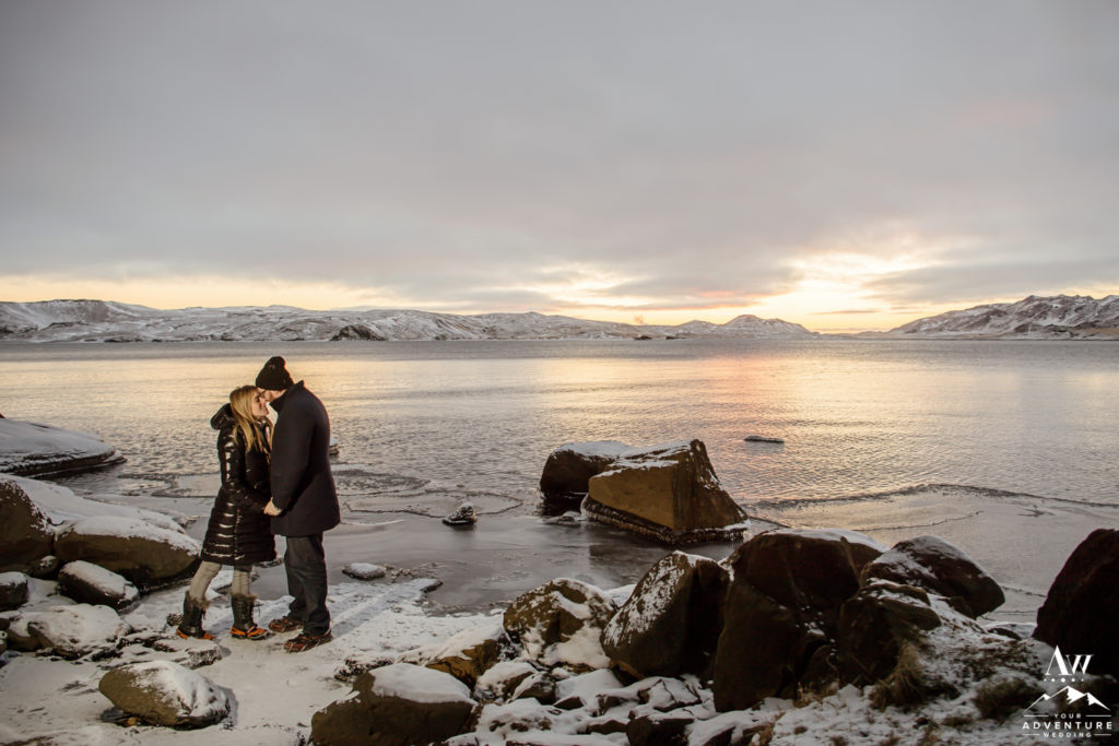 Lakeside Engagement Photos at sunset in Iceland