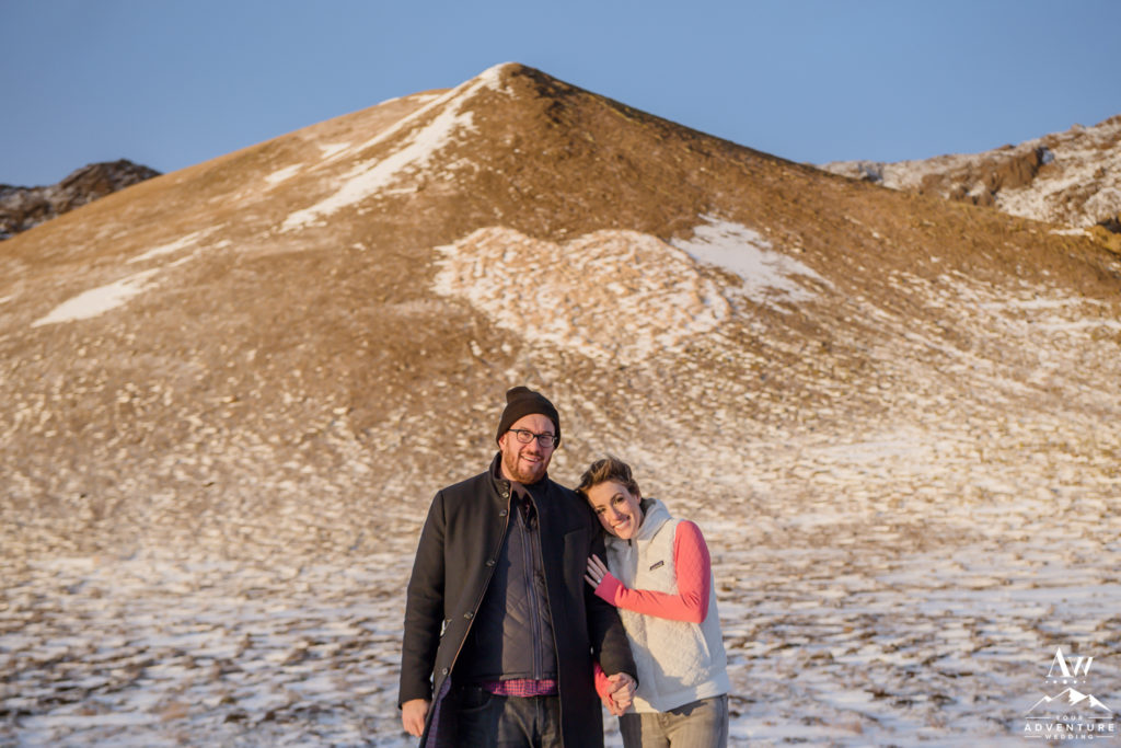 Iceland Engagement Couple with heart mountain behind