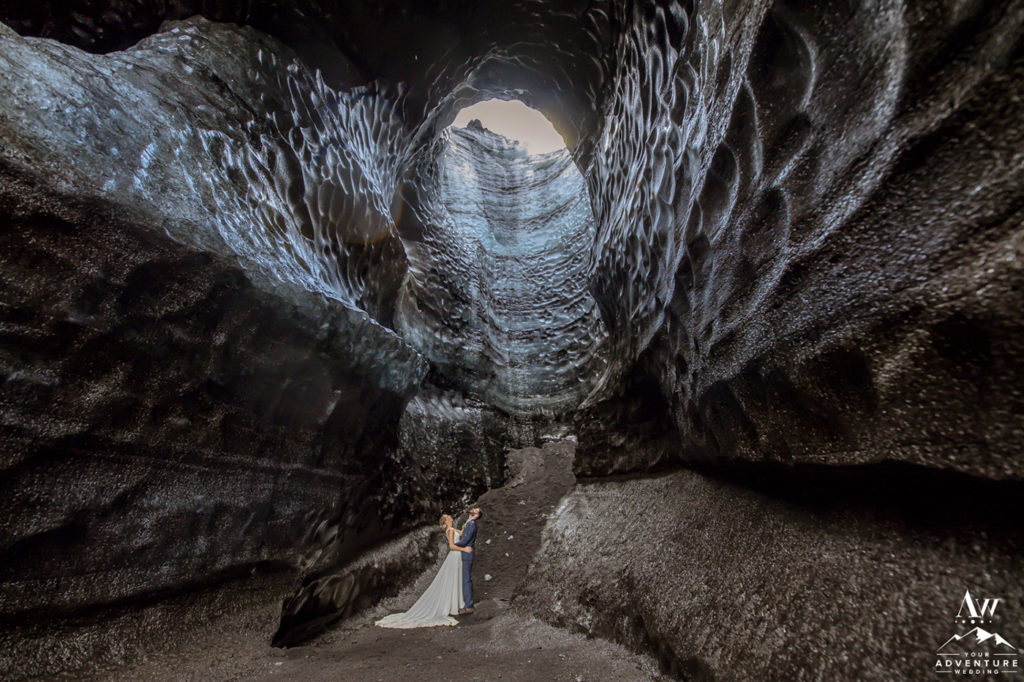 Iceland Wedding Couple inside of a large ice cave