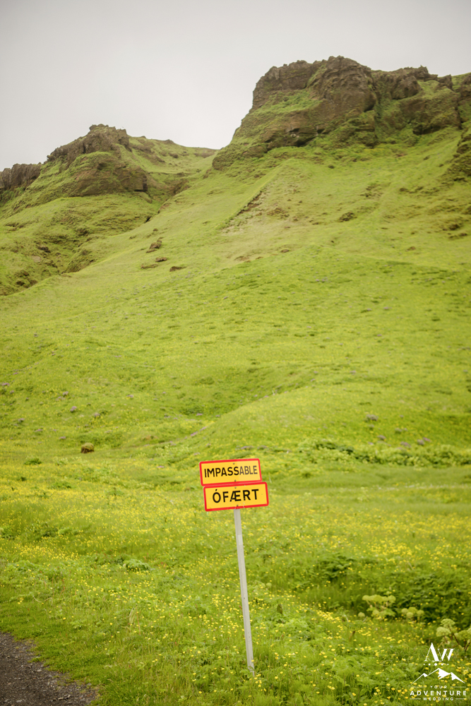 Impassable road sign on Iceland wedding day
