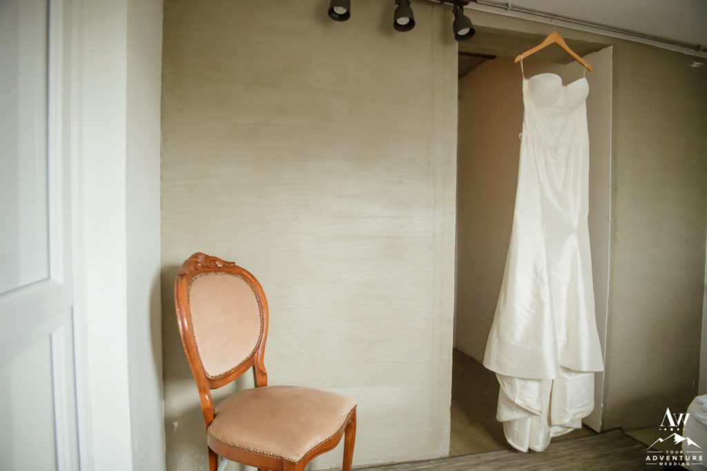 Iceland Wedding Dress Hanging at Hotel Borealis