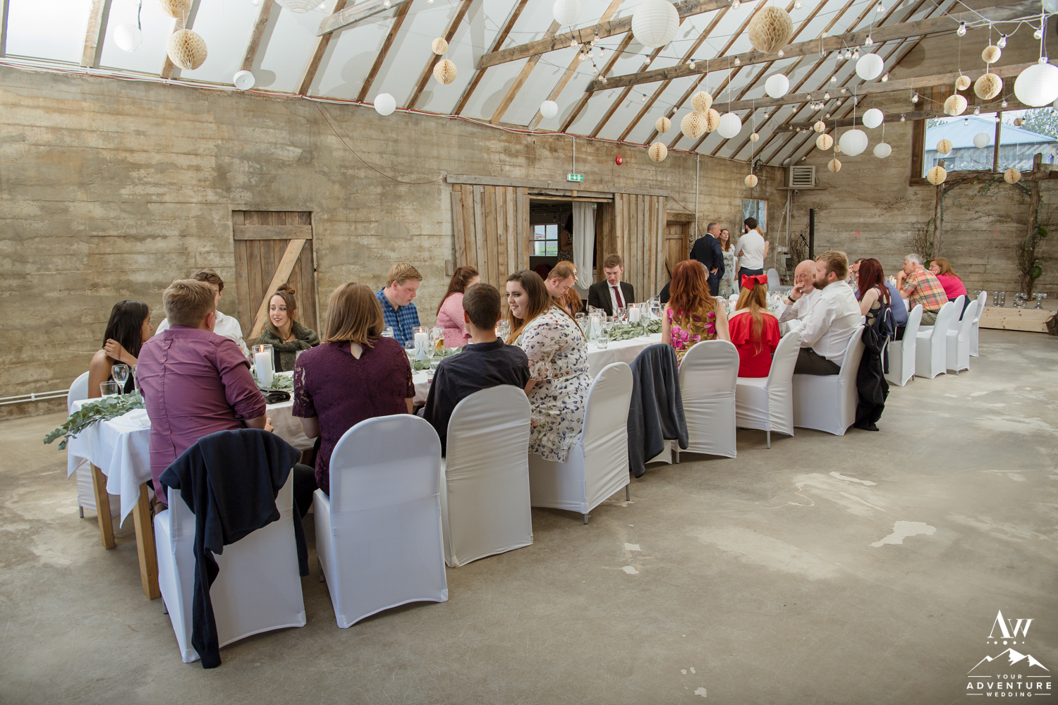 Hotel Borealis Wedding Reception inside of rustic barn