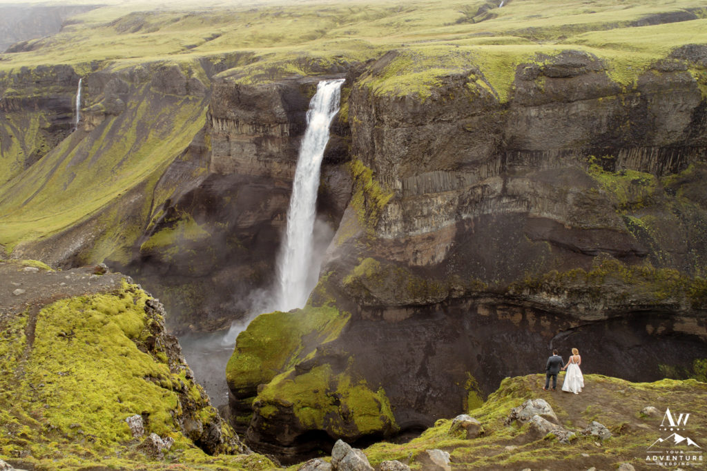 Iceland Wedding Couple at Haifoss Waterfall
