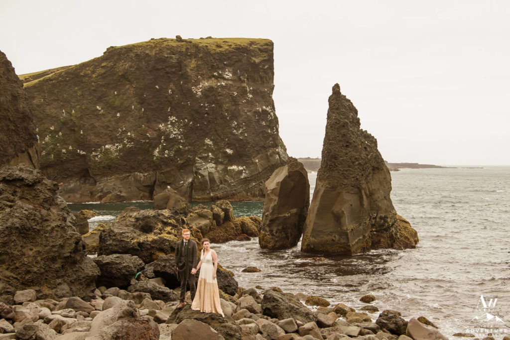 Iceland Wedding Couple Exploring Reykjanesviti Cliffs
