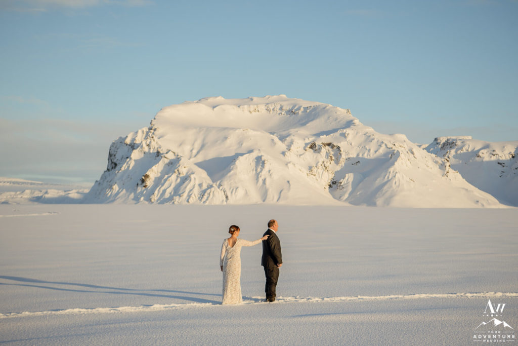 Iceland Wedding First Look in front of a mountain