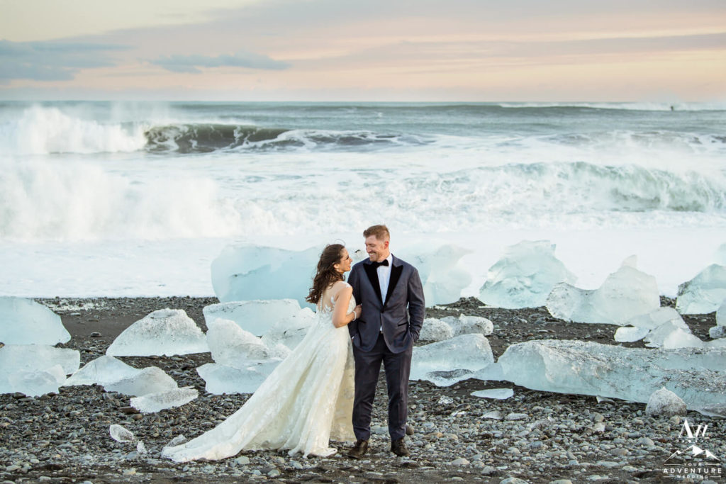 Iceland elopement couple on diamond beach