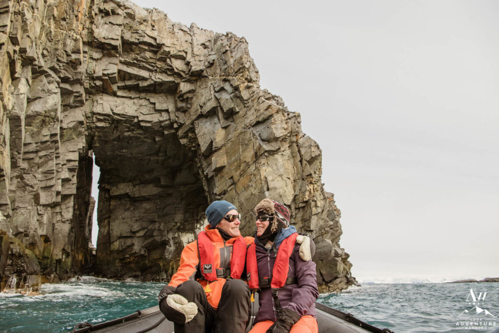 Antarctica wedding couple on boat