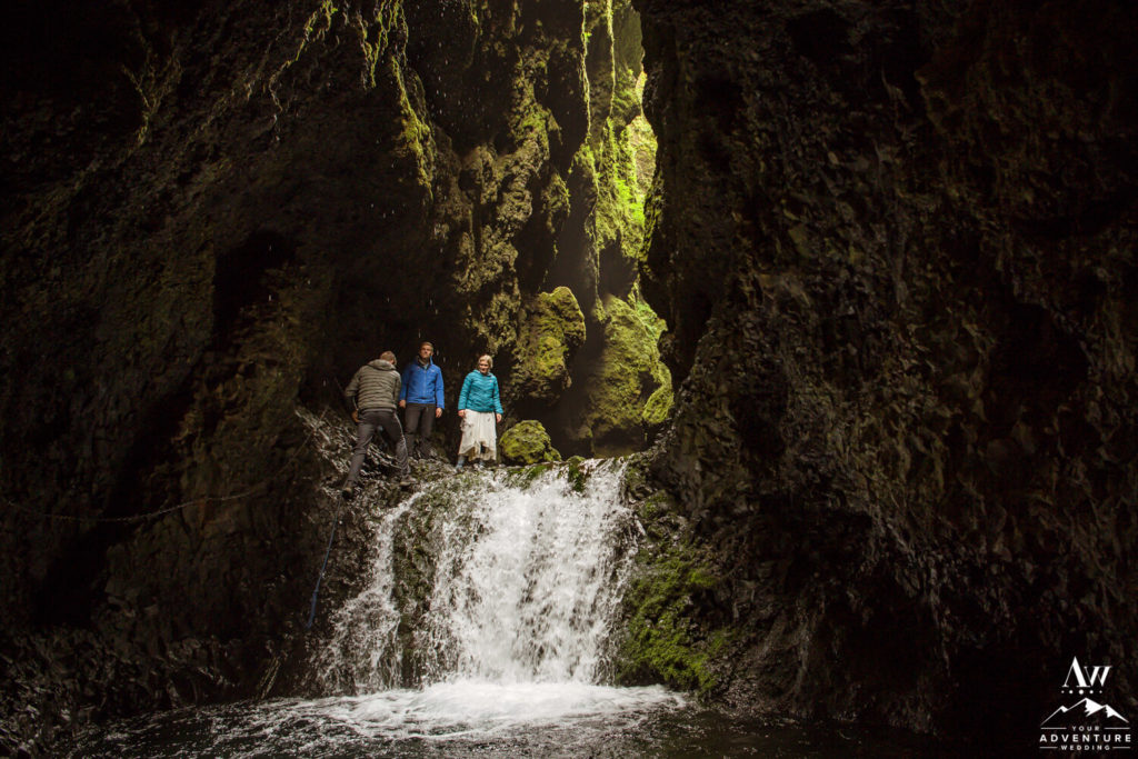 Iceland wedding couple hiking Nauthúsagil Waterfall