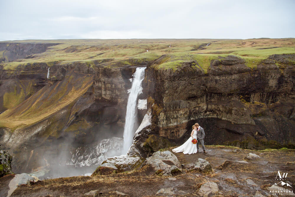 Iceland Wedding Couple at Haifoss Waterfall
