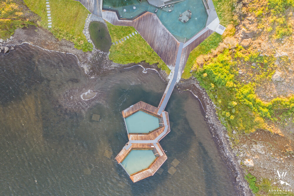 Vök Baths in East Iceland from Drone