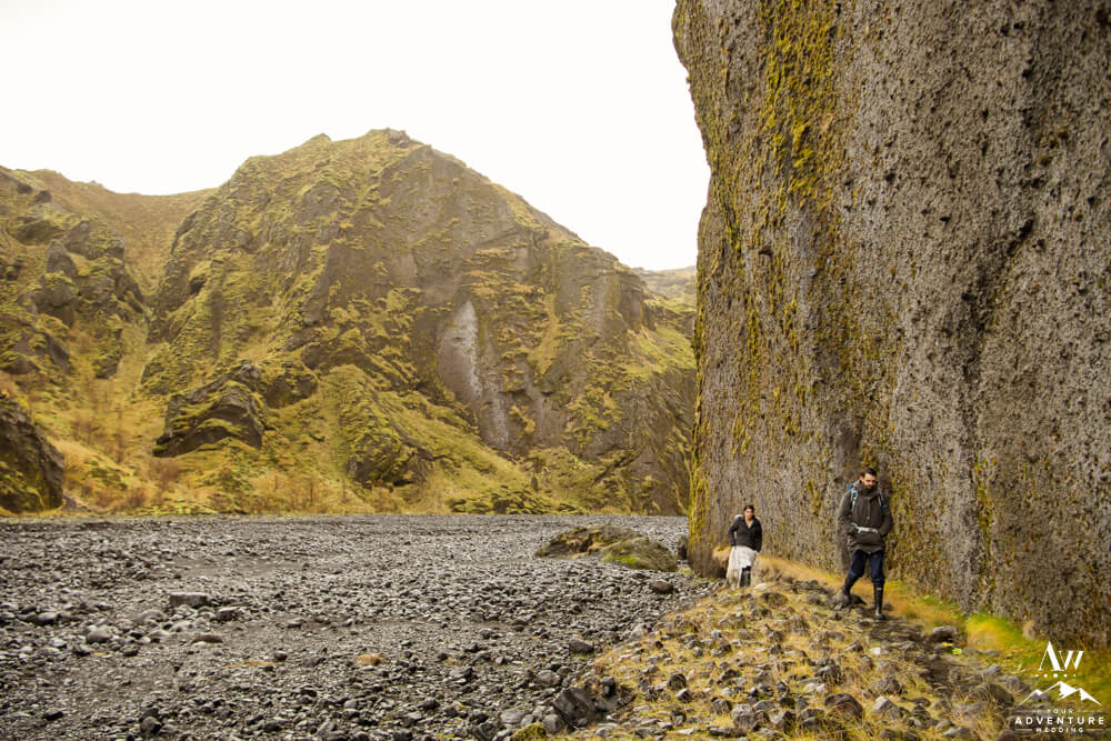 Iceland Elopement Couple hiking out of Stakkholtsgja