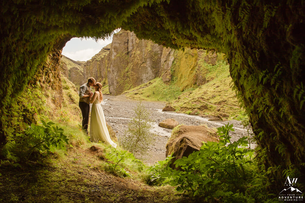 Iceland Elopement Couple inside Stakkholtsgjá Cave
