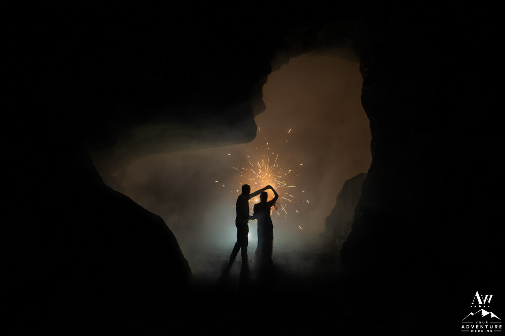 No Rules Elopement Nighttime Cave Fireworks