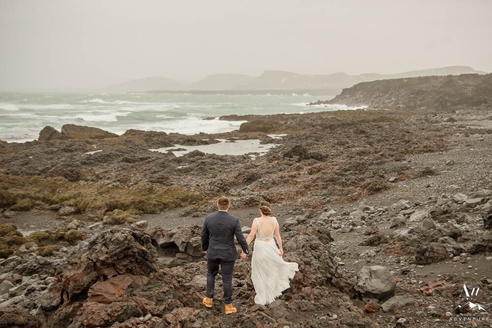 Iceland Wedding Couple at Black Lava Rock Beach