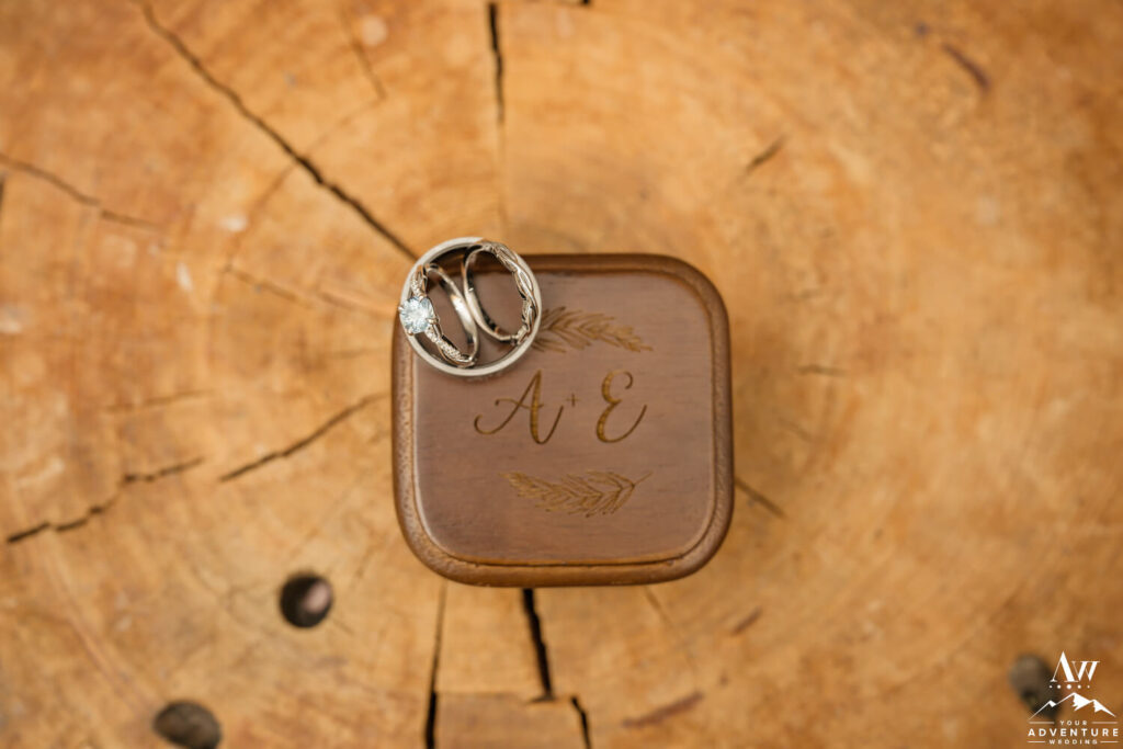 Iceland wedding rings on wooden ring box