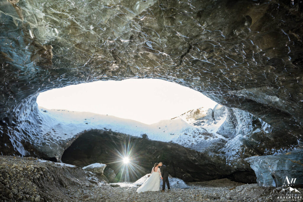 February Elopement in Iceland Couple Kissing in Ice Cave