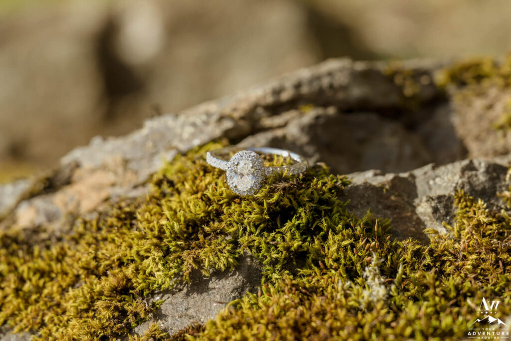 Iceland Engagement Ring sitting on Moss