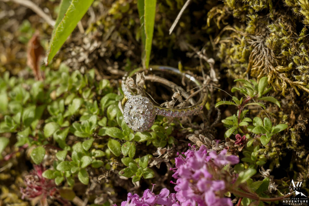 Iceland diamond engagement ring on moss