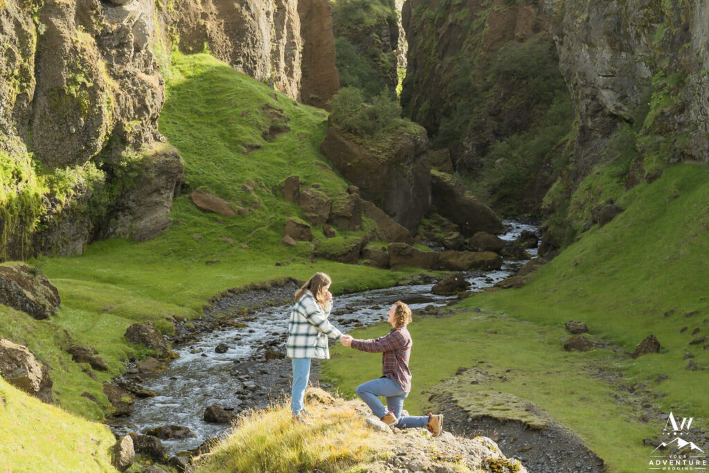 Iceland Canyon Proposal Groom on one knee