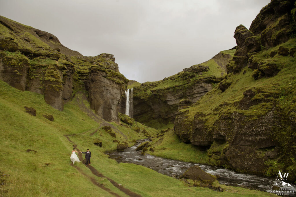 Iceland wedding couple at Kvernufoss Waterfall